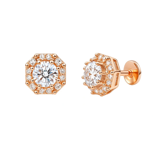 925 Silver Gold Plated Cubic Zirconia Round Octagon Halo South Screw Stud Earrings