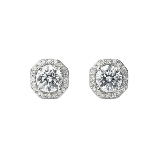 925 Silver Regal Cubic Zirconia Round Octagon Halo Stud Earrings