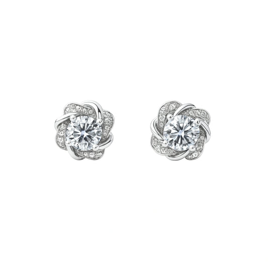 925 Silver Regal Cubic Zirconia Round Swirl Floral Halo Studs