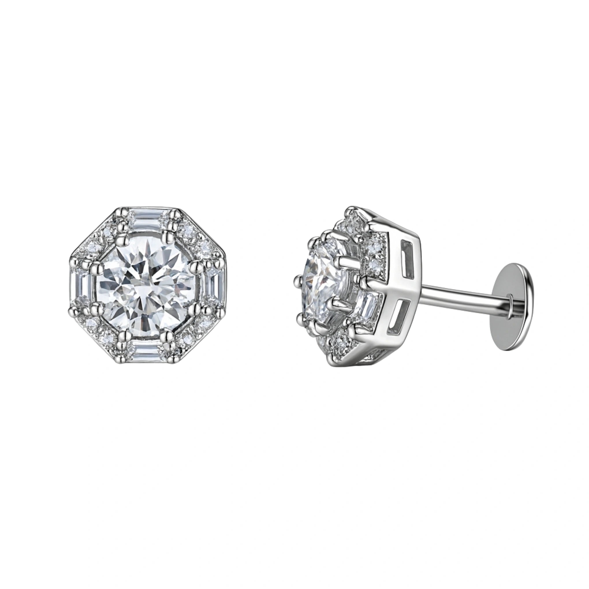 925 Silver Prestige Cubic Zirconia Round Hexagon Baguette Halo Studs