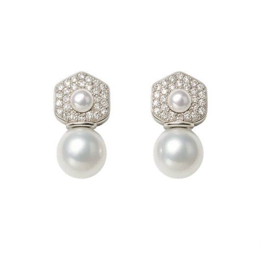 925 Silver Elegant Cubic Zirconia Hexagon Pearl Drop Earrings