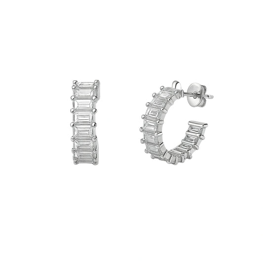 925 Sterling Silver Modern Cubic Zirconia Baguette Hoop Earrings