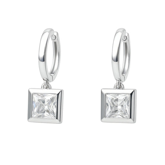 925 Sterling Silver Modern Cubic Zirconia Square Drop Hoop Earrings