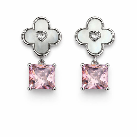 92 Silver Elegant Clover Heart Pink Cubic Zirconia Square Drop Earrings