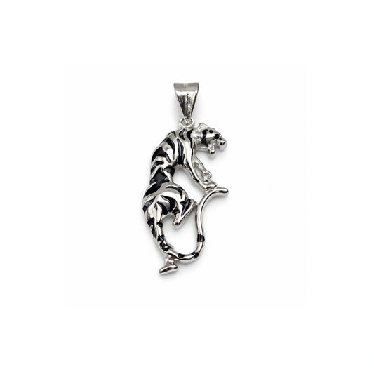 925 Sterling Silver Dynamic Tiger Black Enamel Statement Pendant Necklace