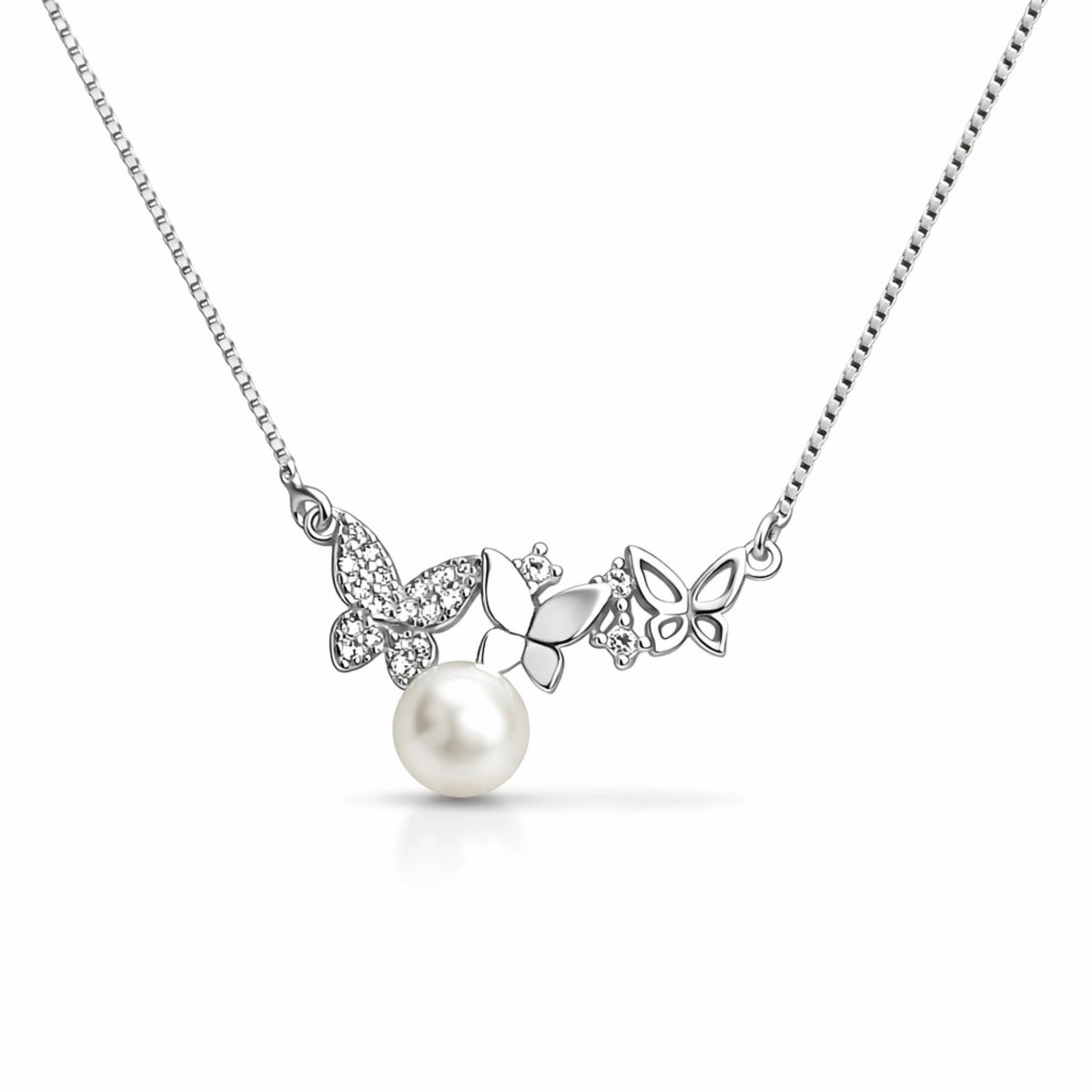 925 Sterling Silver Butterfly CZ Pearl Drop Chain Pendant Necklace for Women