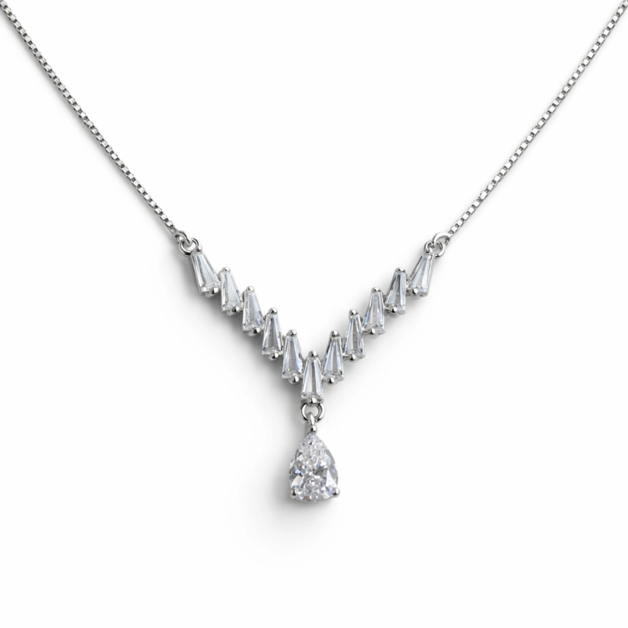 925 Silver V-Shape CZ Drop Chain Pendant with Teardrop Stone