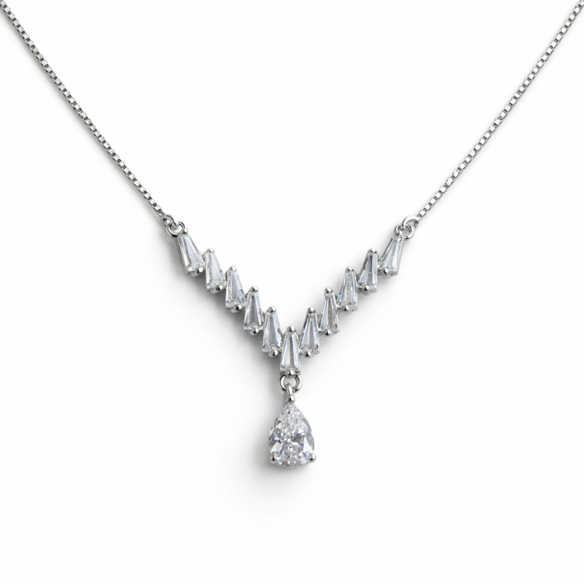 925 Silver V-Shape CZ Drop Chain Pendant with Teardrop Stone