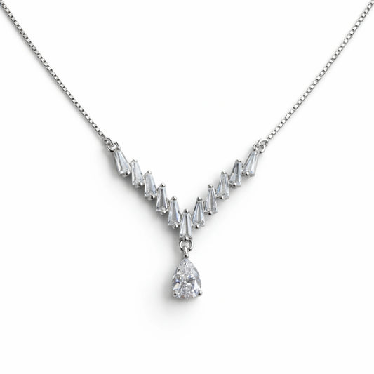 925 Silver V-Shape CZ Drop Chain Pendant with Teardrop Stone
