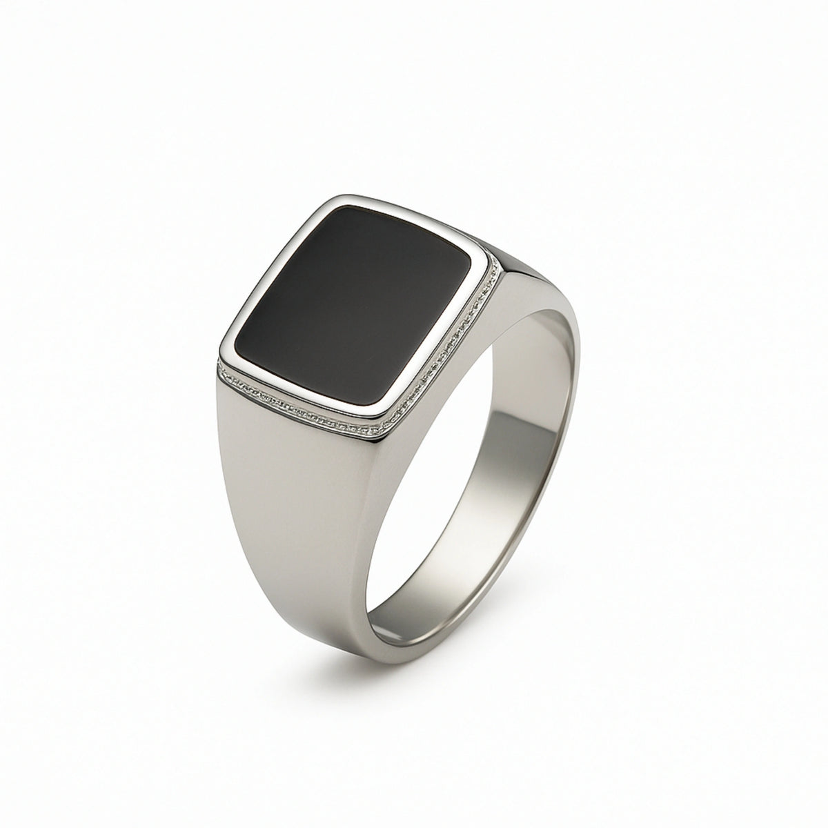 925 Sterling Silver Luxury Black Enamel Rectangular Signet Band Ring